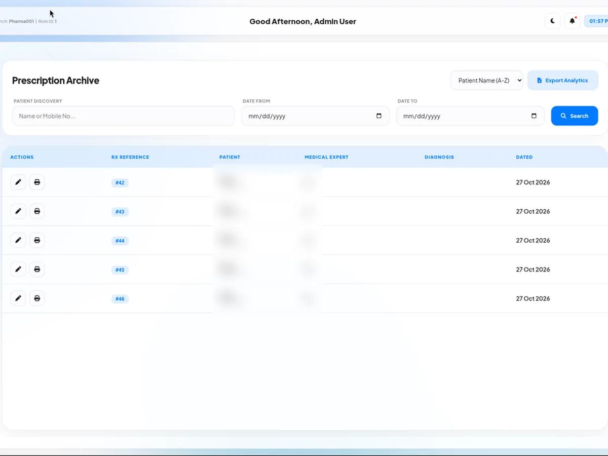 The Cynergy prescription archive, listing prescriptions by reference number and date (patient details blurred)