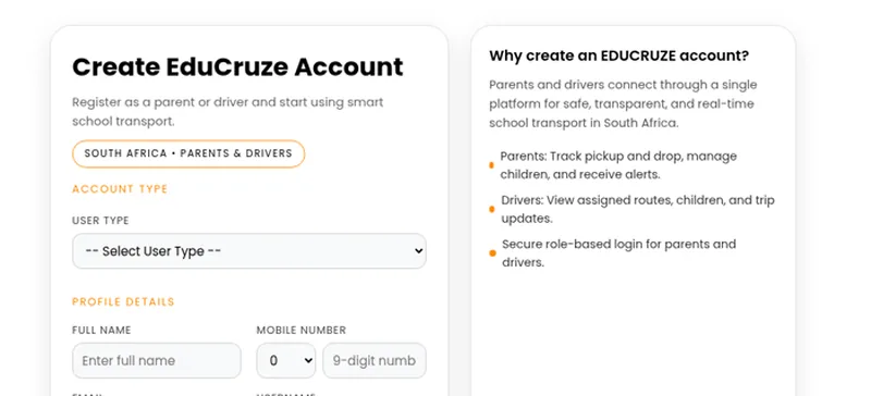 EduCruze Create Account page where parents and drivers register for school transport